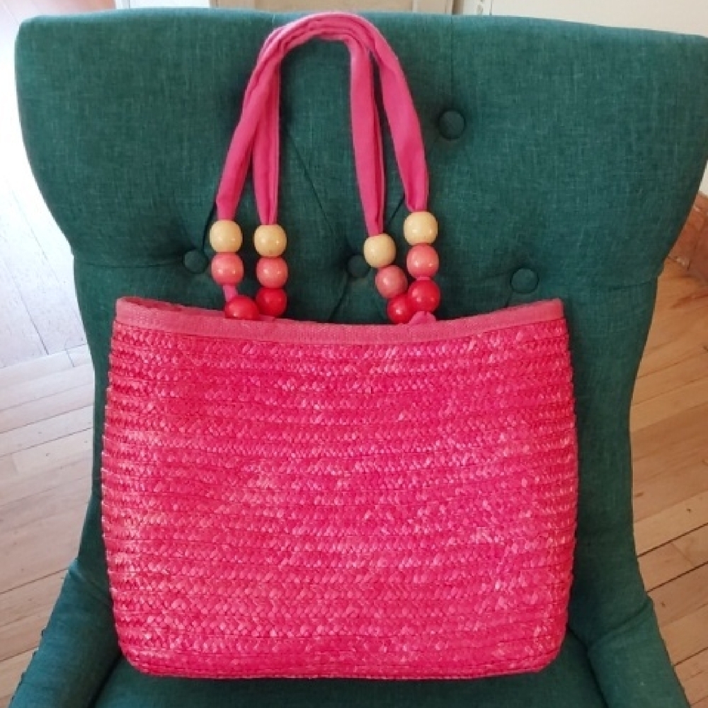 Madison 88 Pink Woven Straw Tote Bag Wood Beaded Fabric Handles Beach Sz.Medium